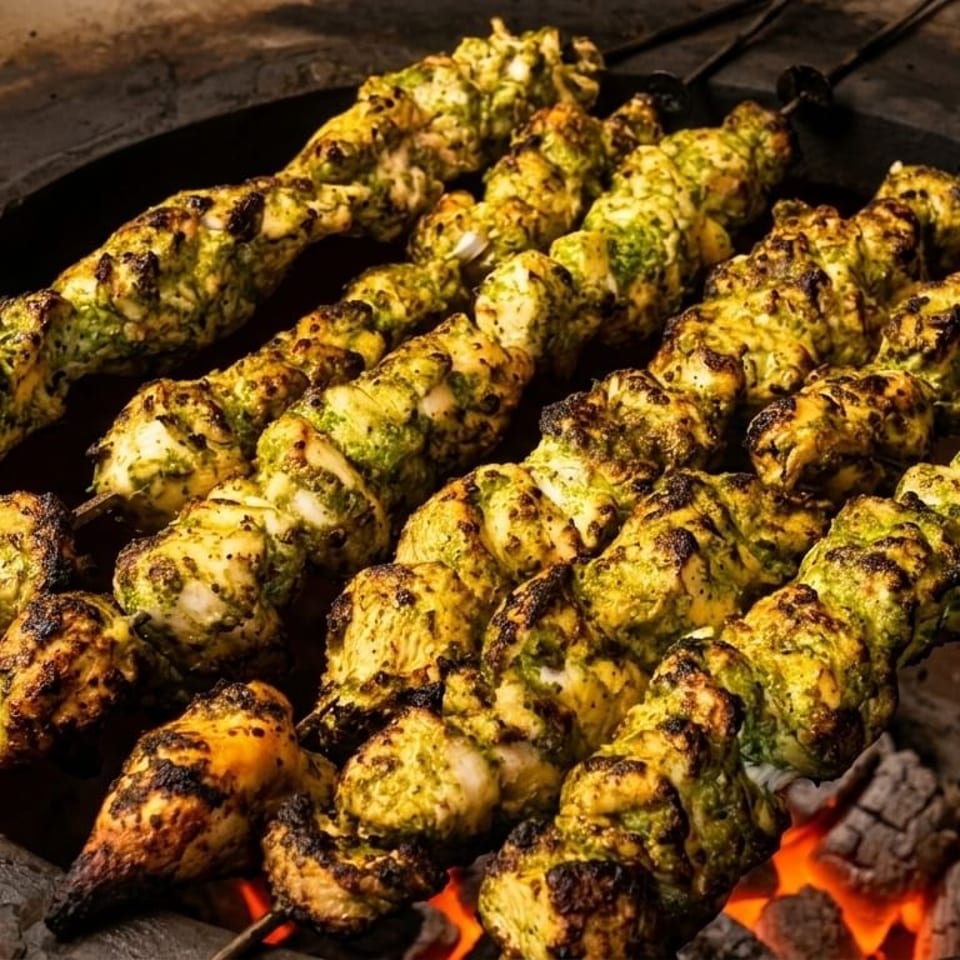Marinated chicken skewers cooking over glowing coals in a tandoor oven.