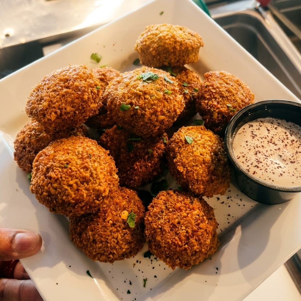 A hand holding a white plate piled high with golden-brown falafel balls and a side of white dipping sauce.